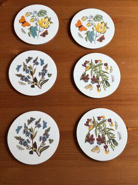 Vintage Portmeirion Botanic Garden Round Coasters Set of 6 with Box - Cork Base